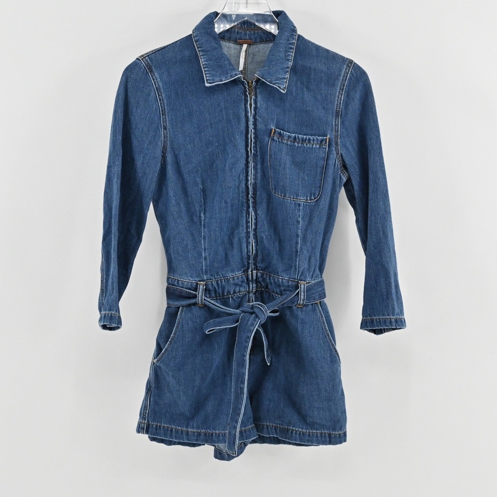 Free People Green River One-Piece Size 2 Denim Romper Boho Western Zip Up Belted - Picture 2 of 14